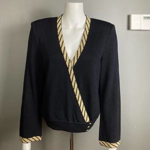 St. John Evening Santana knit wrap sweater black v-neck gold beading size 6